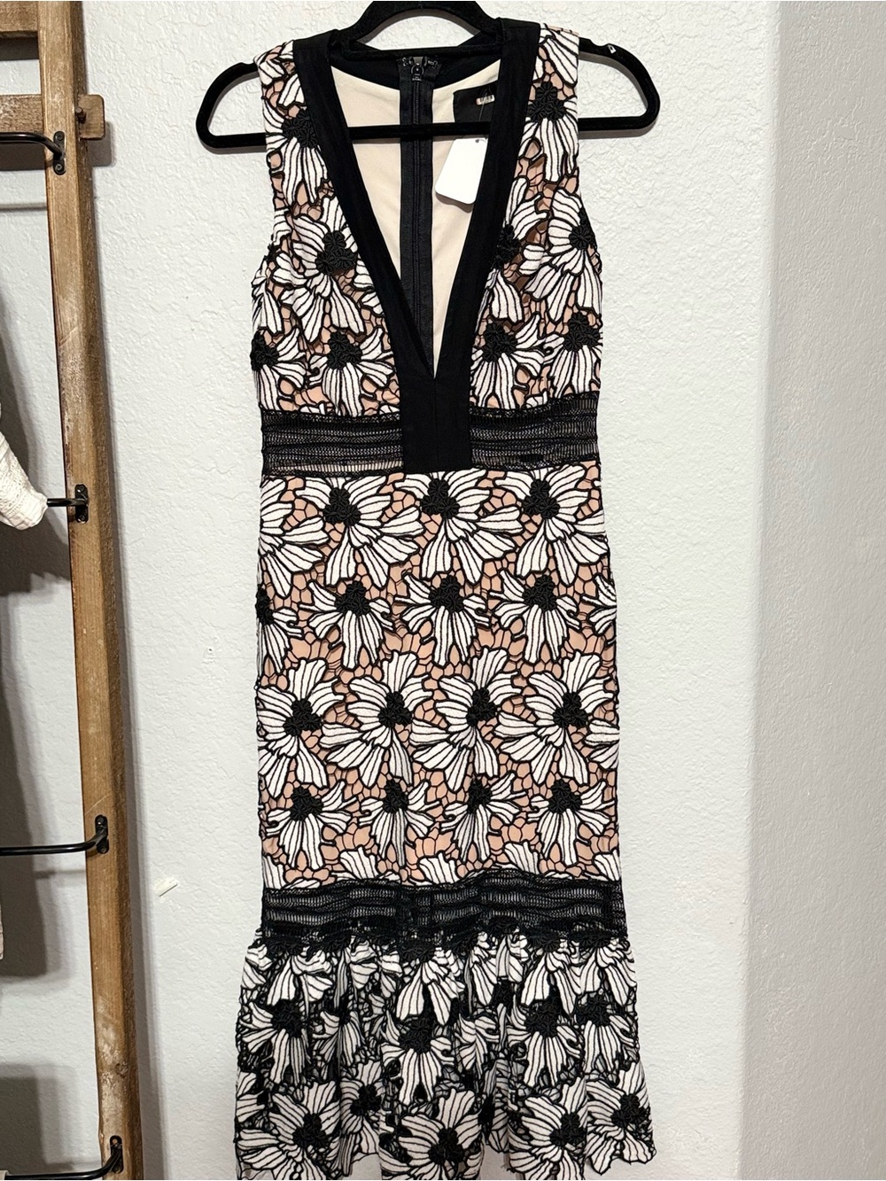 Nicole Miller Black, White & Nude Floral Lace Maxi Dress